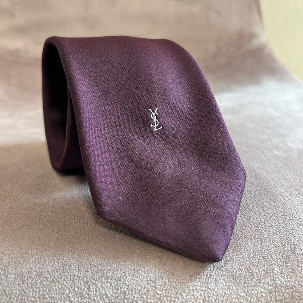 Vintage Yves Saint Laurent YSL Men's Tie Burgundy Maroon Embroidered Logo